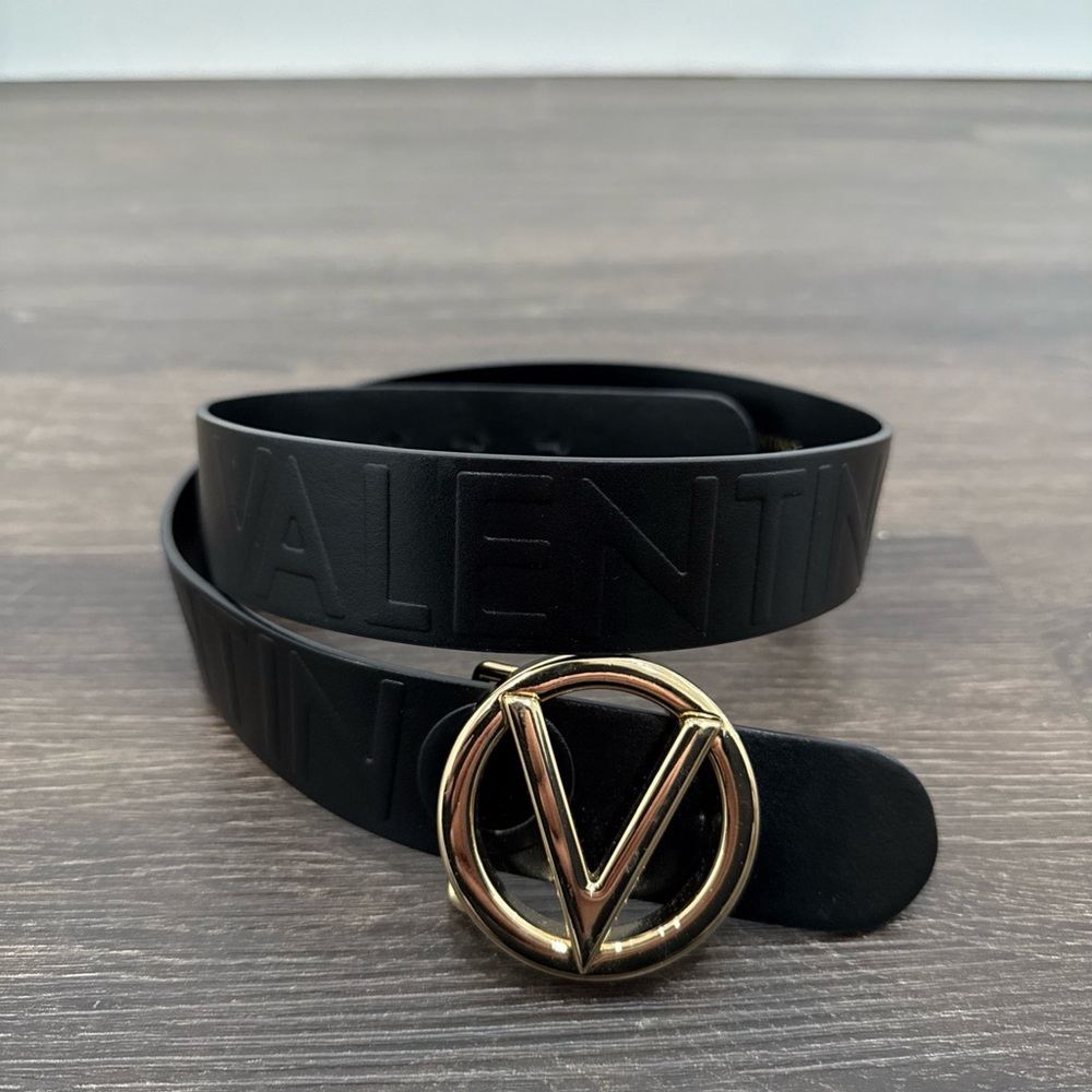 Mario Valentino Black Belt Gold V Buckle Embossed Size S